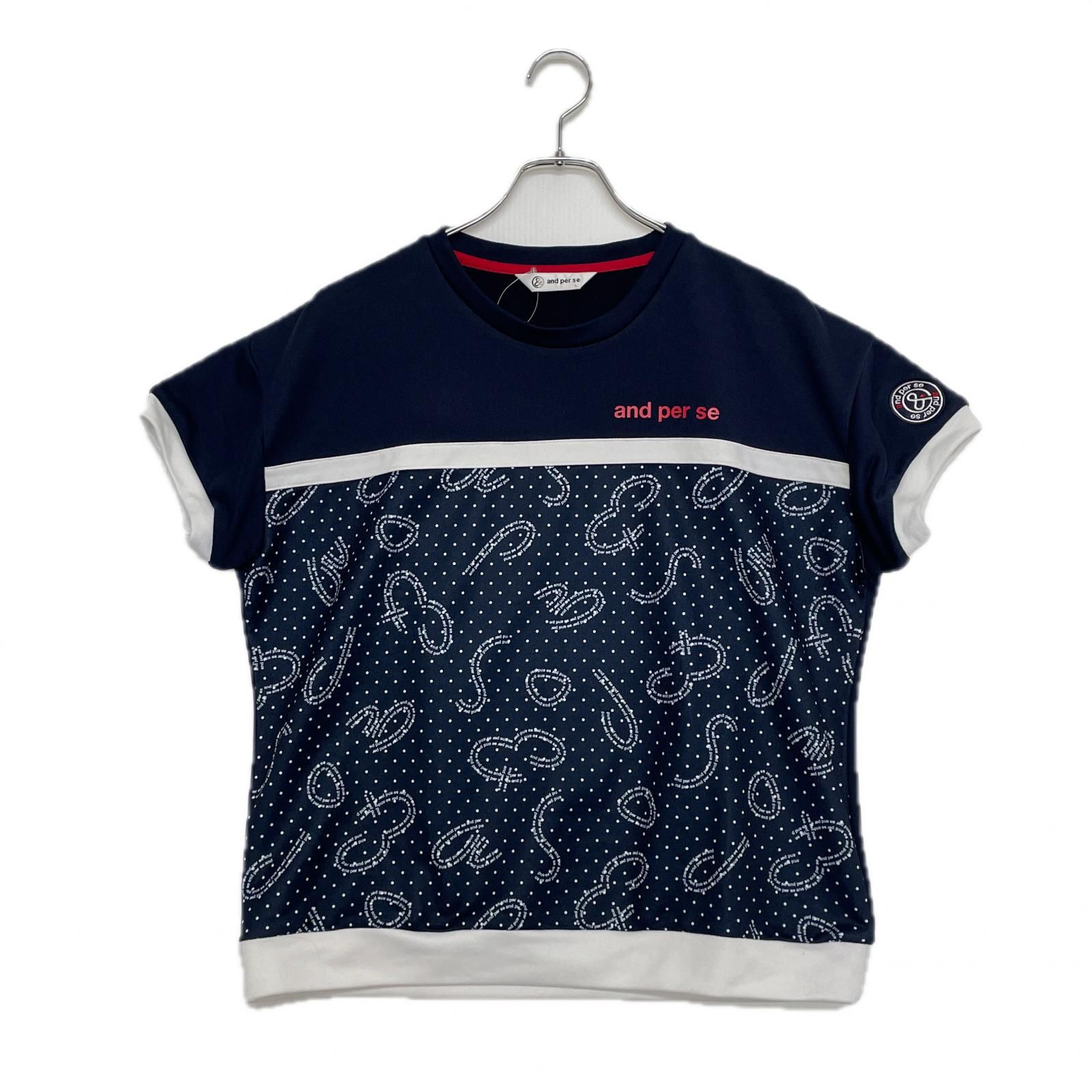 coco 中古 アンパスィ and per se レディース 半袖シャツ L 紺×青 モックネック サッカー素材 総柄 中古 レディース アンパスィ and per se 半袖シャツ L 紺