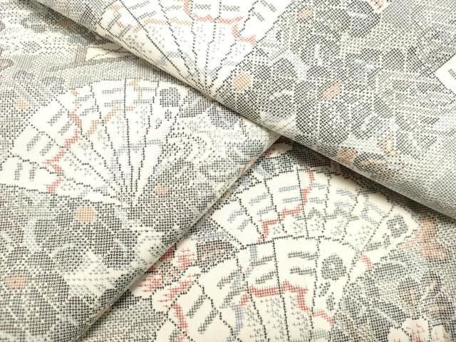 平和屋着物●本場大島紬 白大島 9マルキ 檜扇草花文 正絹 DAAS2496tw