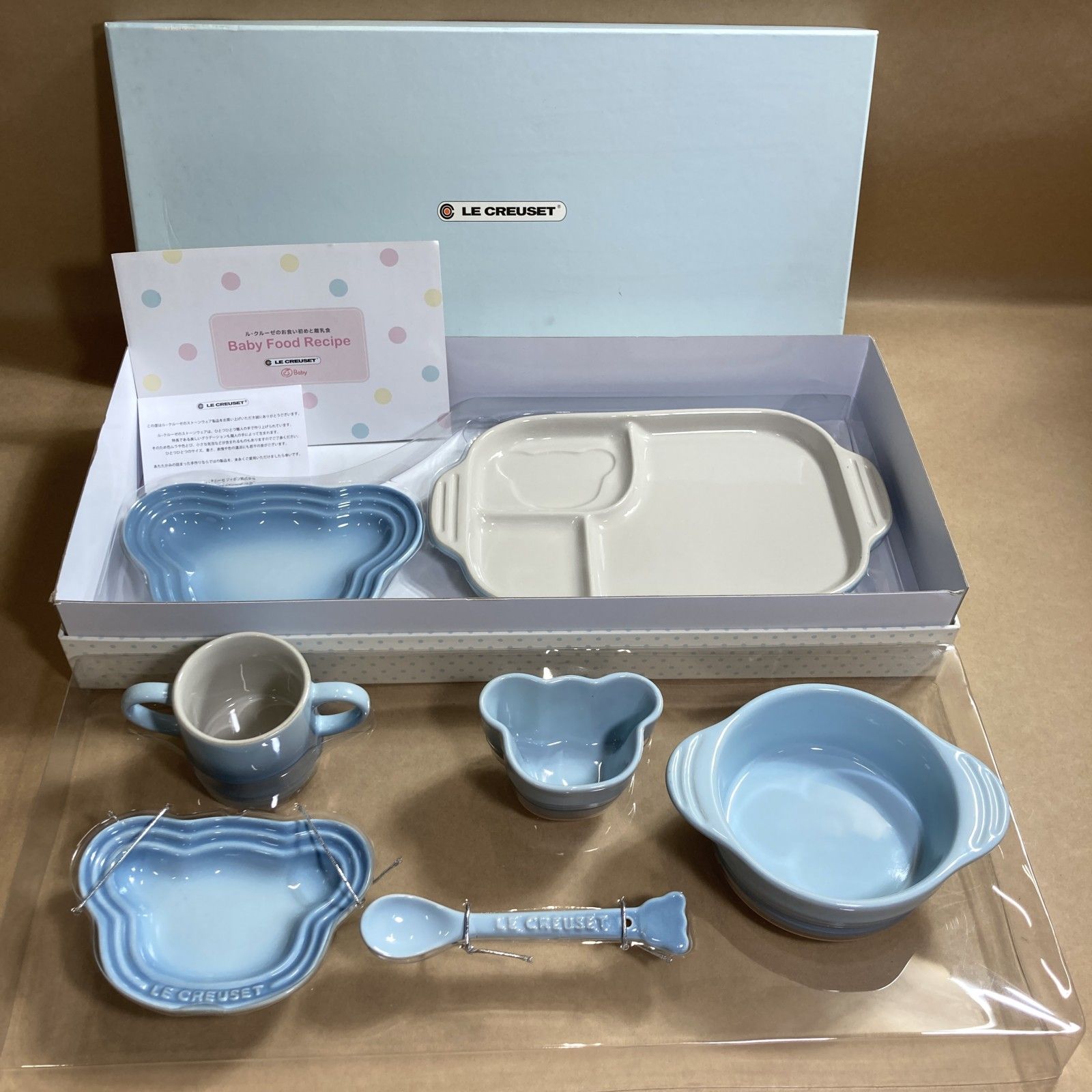 【未使用】ル・クルーゼ セット お食い初め 離乳食 ブルー 7点セット 未使用】ル・クルーゼ セット お食い初め 離乳食 ブルー 7点