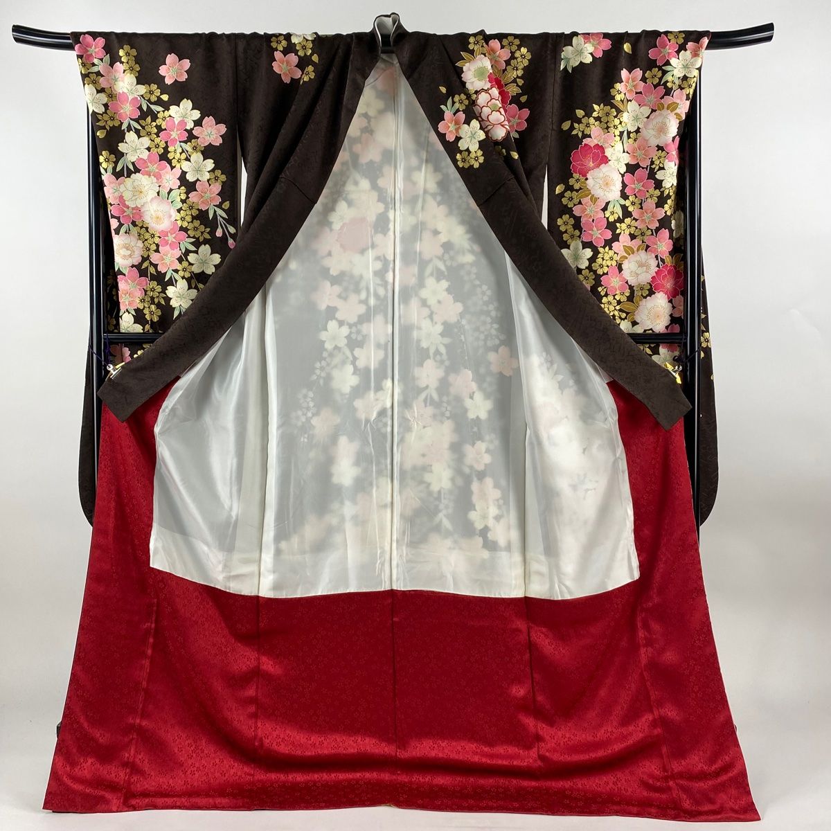 振袖 身丈176.5cm 裄丈72cm L 袷 蝶 草花 金彩 ぼかし 焦茶色 正絹  