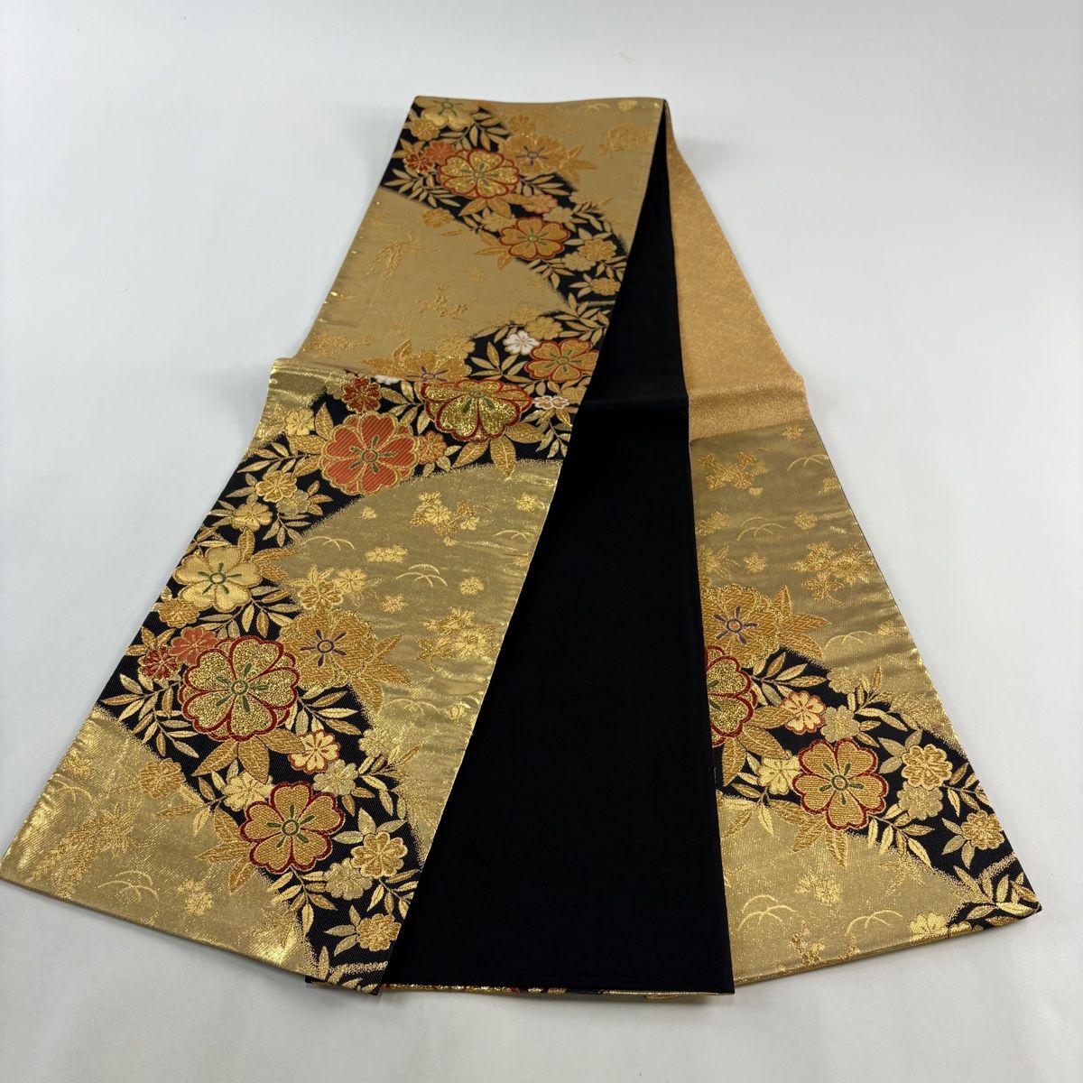 美品 袋帯 薄茶色 柳茶色 ゴールド 桜花 もみじ 六通柄 4m34cn 正絹 袋帯 美品 秀品 振袖向き 桜 芝 金糸 箔 金色 六通 正絹 【中古