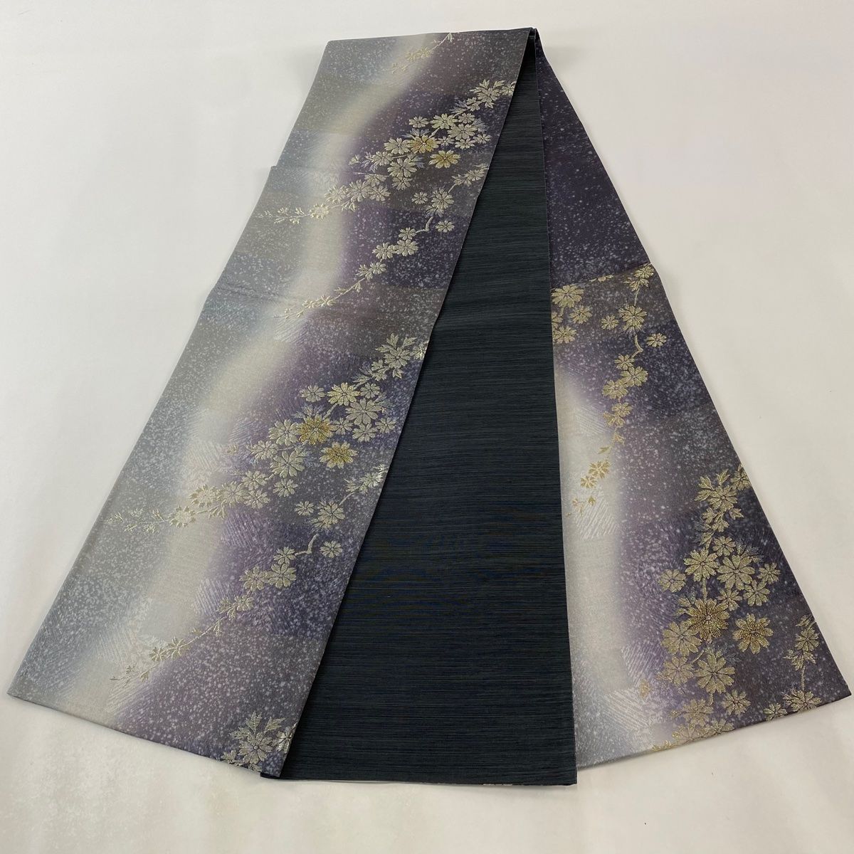 312y17◆梅文 全通袋帯 金銀ラメ糸◆美品 成人式 結婚式 袋帯 秀品 振袖向き 枝垂れ桜 金銀糸 ラメ糸 黒 六通 正絹