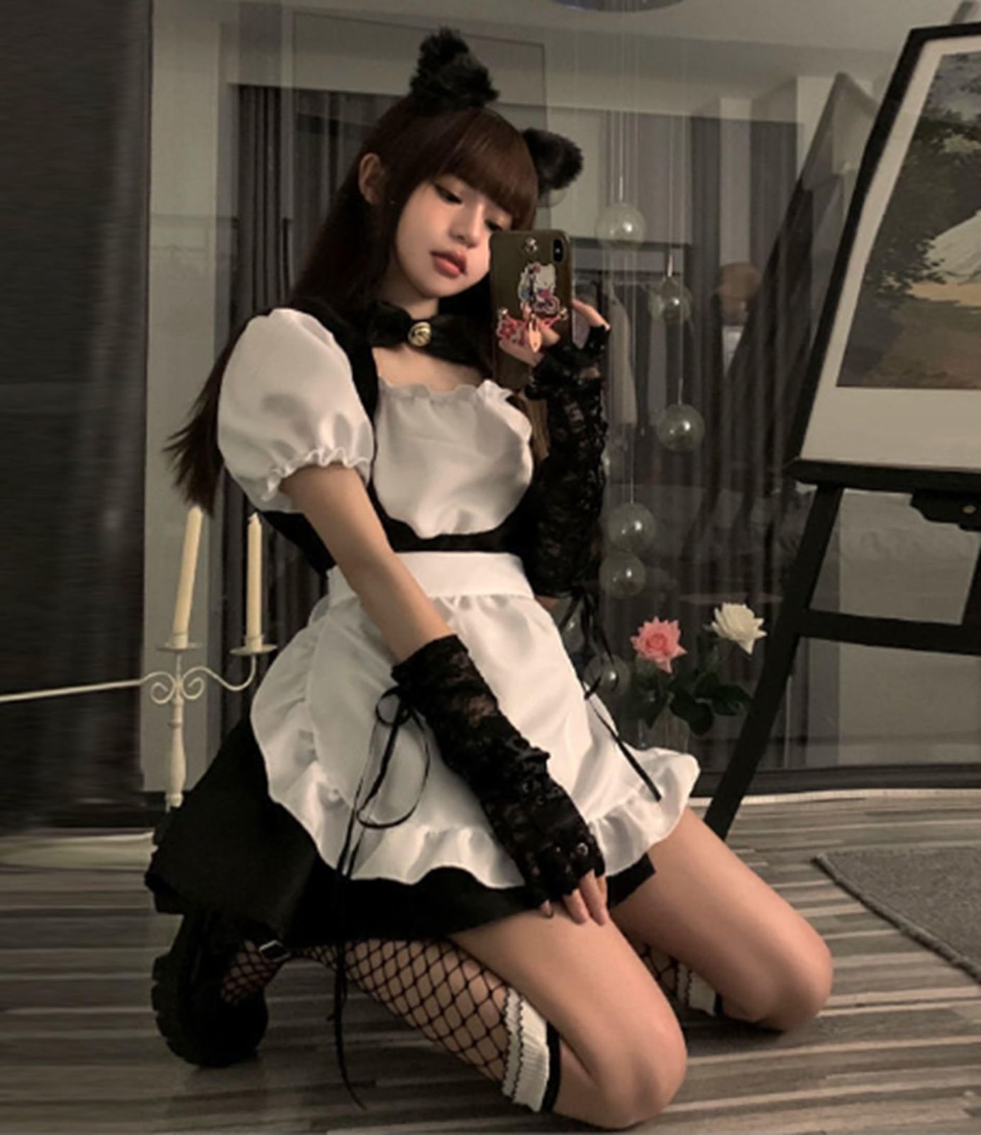 猫耳 メイド服 可愛い コスプレ衣装 5点セット メイド エプロン 大人