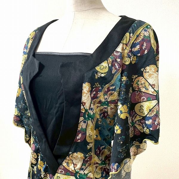  snc オッズオン OZZ ON カットソー 黒 マルチ 半袖 花柄 ステッチ 重ね着風 変形 レディース 966392 五分袖 七分袖 Tシャツ カットソー