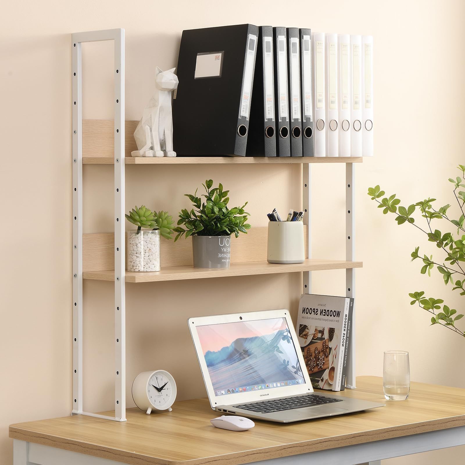 机上ラック クランプ式 2段 幅78 奥行22 高さ90cm デスク上 高さ調整 書類 ファイル 収納 デスクボード 後付け 取付簡単 モニター台 机上整理 ナチュラル オーク ホワイト