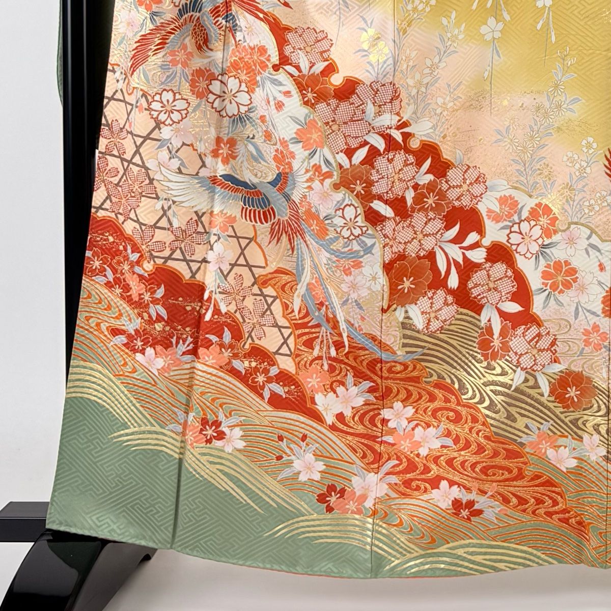 振袖 身丈160.5cm 裄丈65.5cm M 袷 鳳凰 桜 金彩 染め分け 黄土