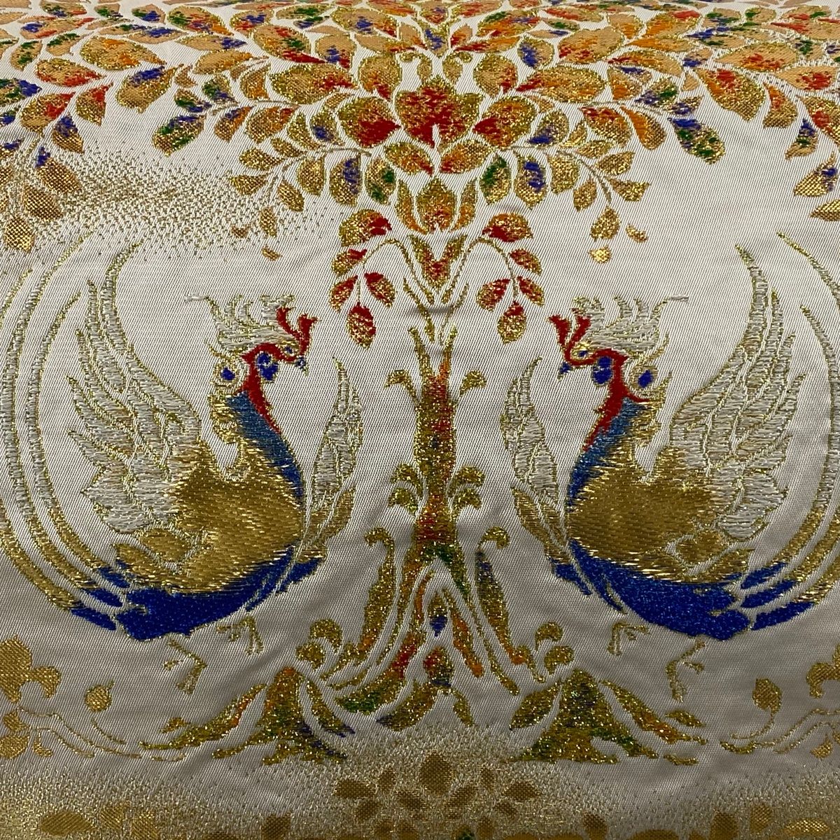 袋帯 逸品 龍村光峯 落款 天平鳳凰文錦 金糸 箔 クリーム 正絹 【中古