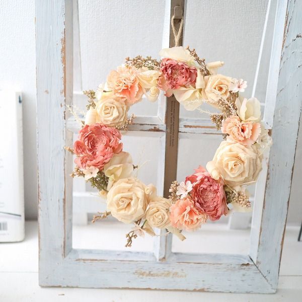 ヒノキ香る かんなくずのバラと造花のリース 木のぬくもり 直送ok 開店 サロン 497