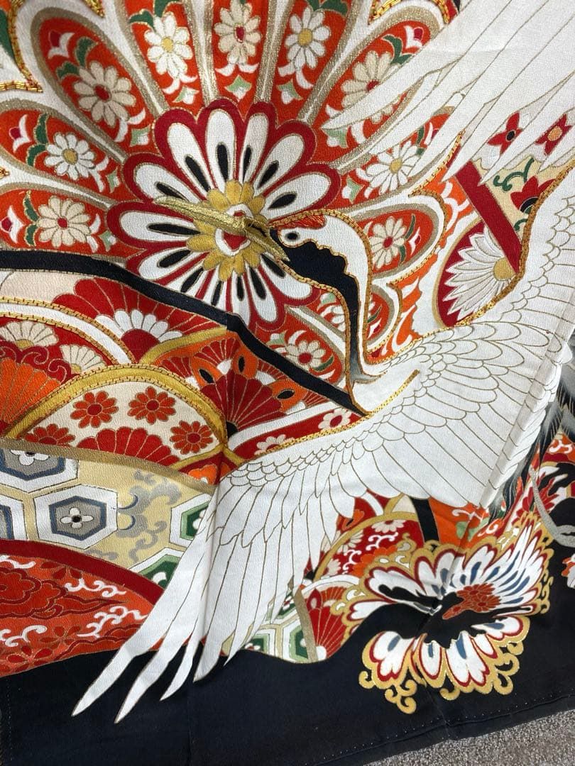 アンティーク 振袖 金駒 金彩 鶴 正絹 身丈168cm 紋付 袖比翼付き