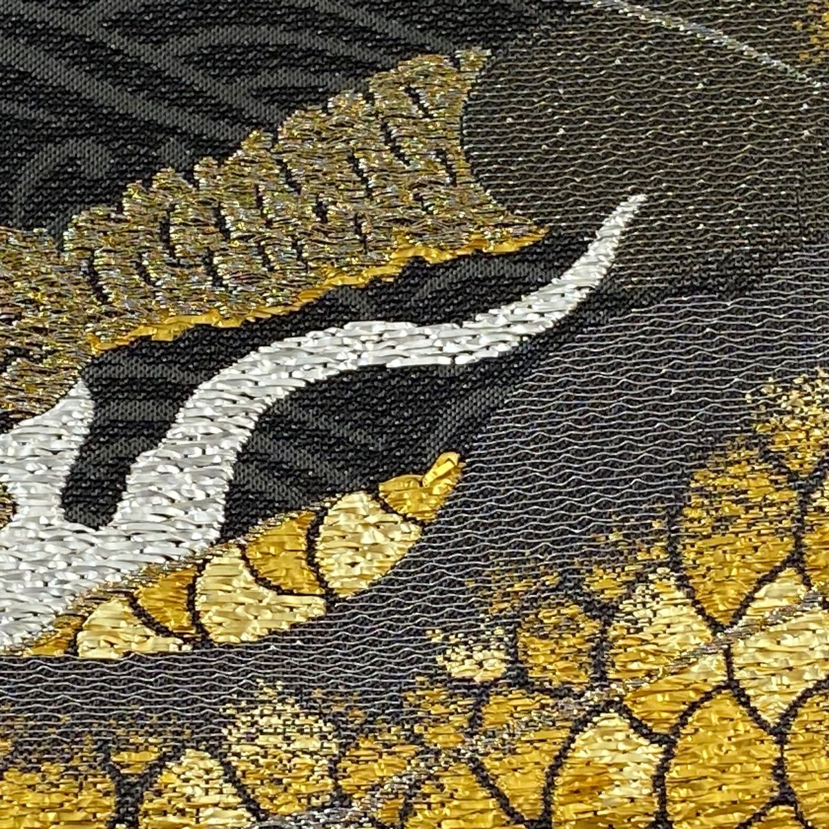 袋帯 美品 逸品 龍 波頭 金銀糸 箔 黒灰 お太鼓柄 正絹 【中古