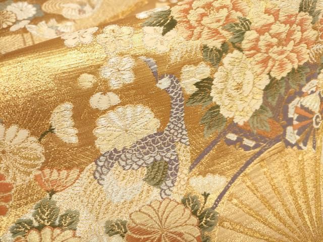 平和屋着物▽六通柄袋帯 錦繍絵扇花鳥文 金銀糸 正絹 逸品