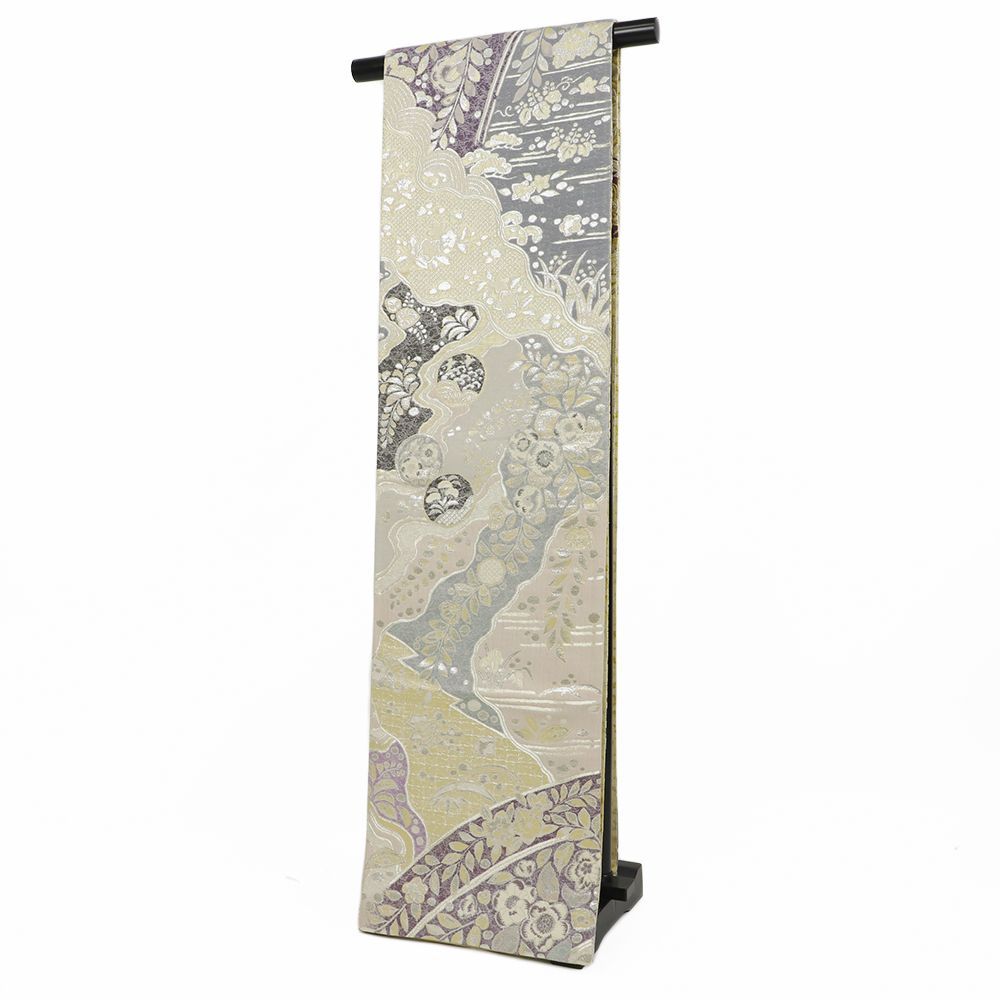 袋帯 正絹 両面双図 ベージュ 紫 菊 うさぎ 辻が花 花唐草 華文