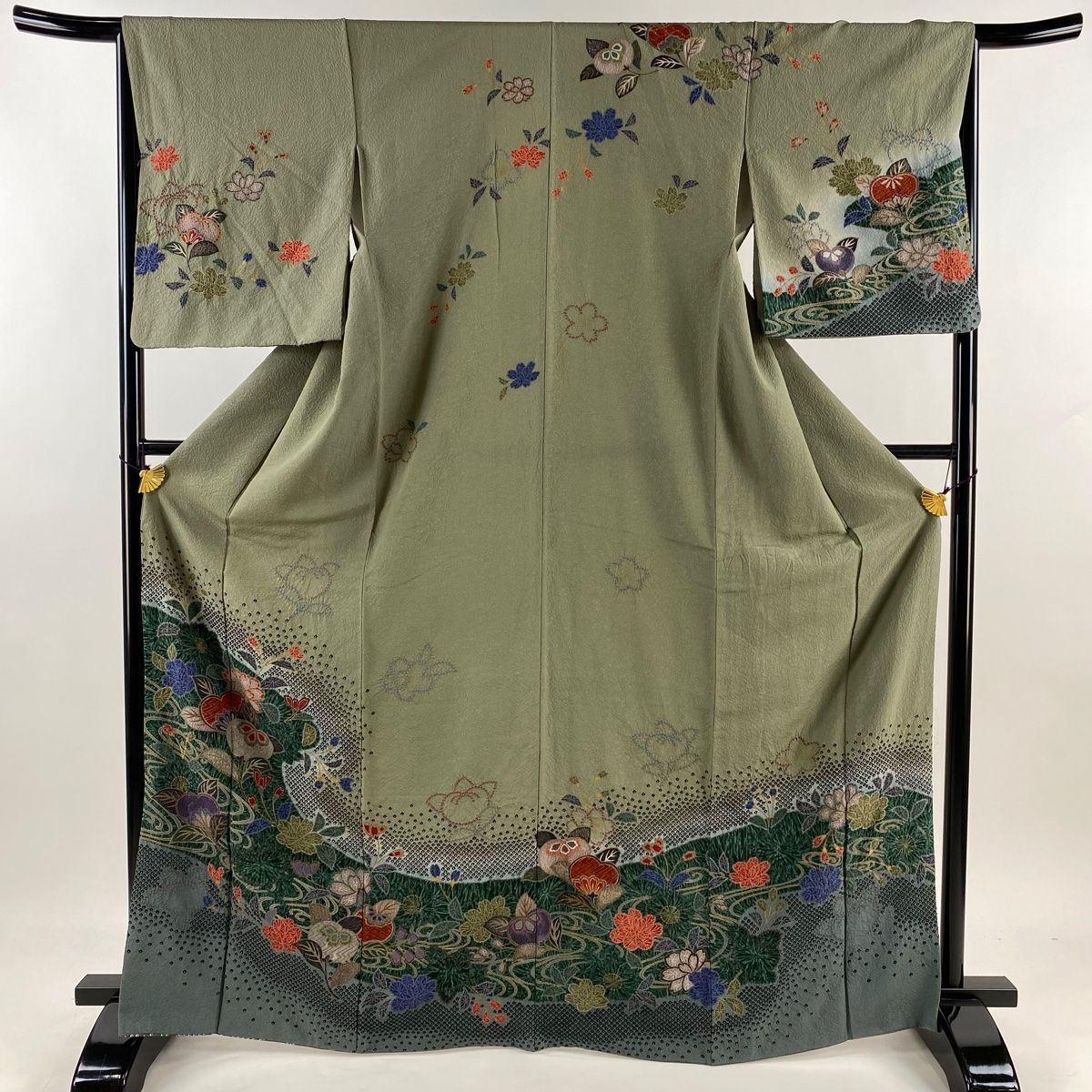 【染め分け】正絹　訪問着　落款　鶴梅家松紅葉他　一つ紋　袷 正絹 訪問着 一つ紋 落款 袷 染め分け】正絹 訪問着 落款 鶴梅家