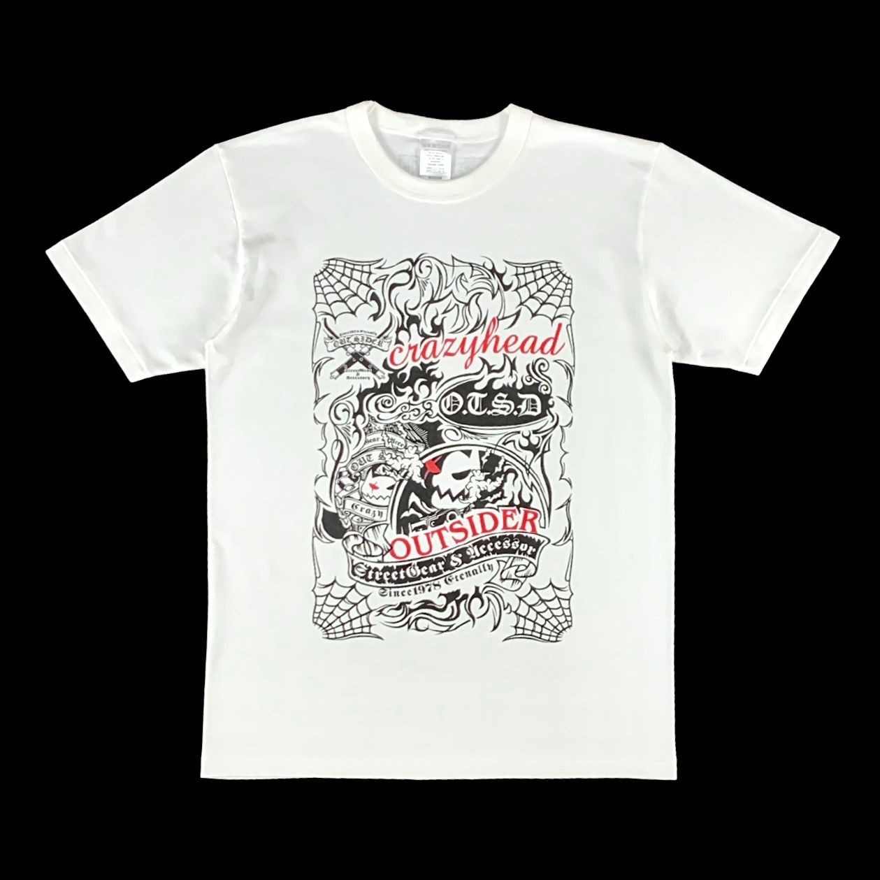 OUTSIDER アウトサイダー CRAZY HEAD クレイジーヘッド 蜘蛛の巣 スパイダーウェブ ピンスト Tシャツ S M L XL ミリタリー バイカー ワーク ストリート グラフィック 日本製 タイト スリム ビッグ オ