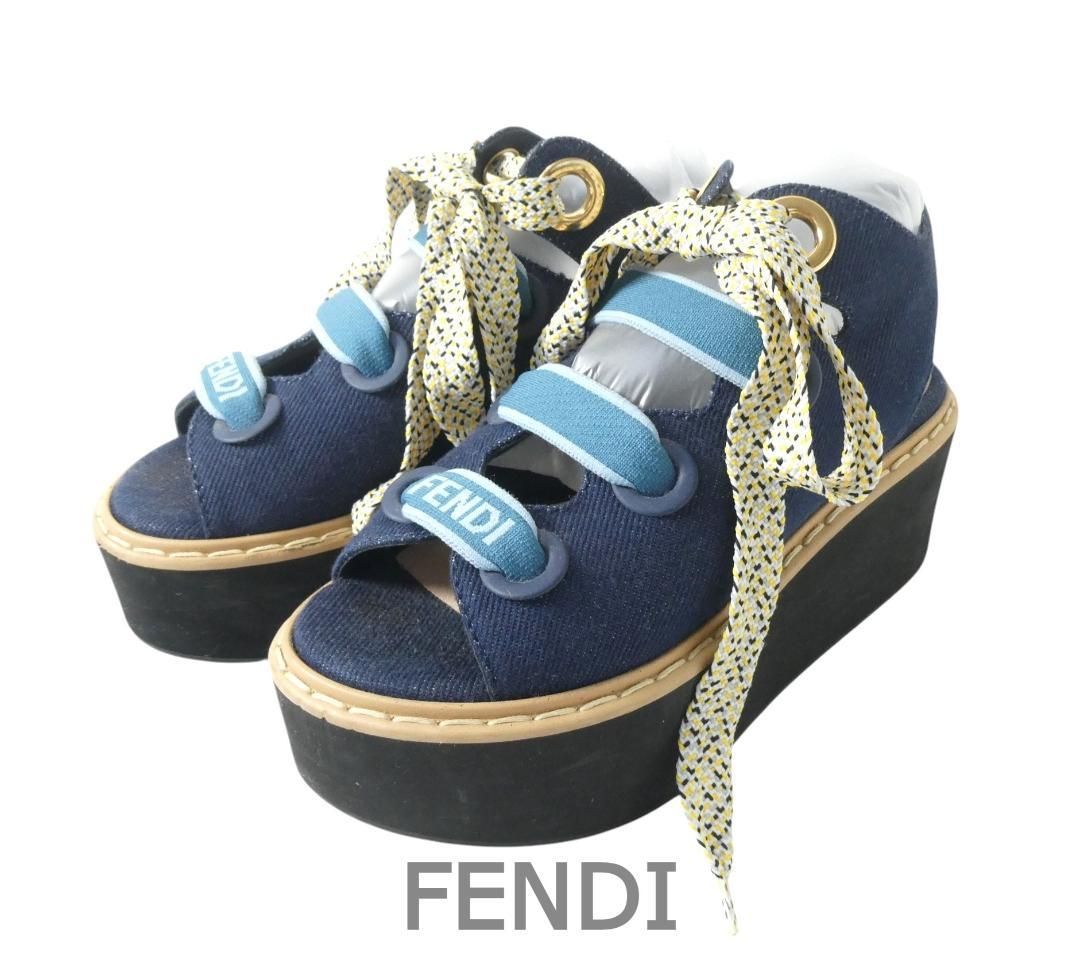 FENDI フェンディ 厚底 プラットフォーム サンダル デニム リボン ロゴ スリングバック ネイビー サイズ36 約23cm レディース 26,492円