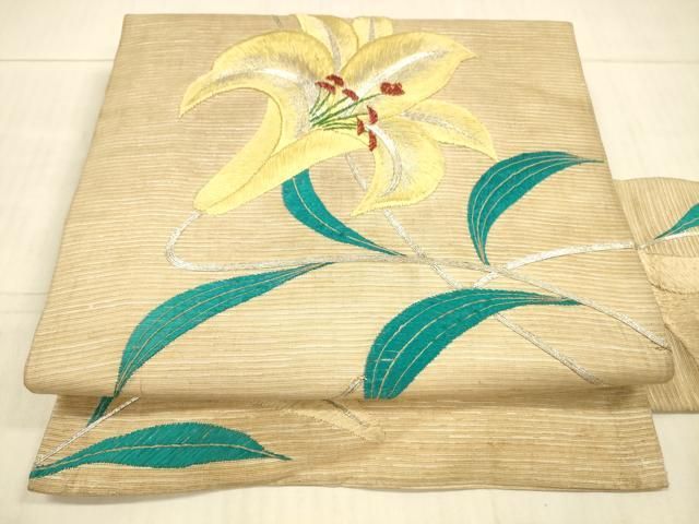 平和屋着物＊夏物 アンティーク 大正ロマン 九寸名古屋帯 駒刺繍 総刺繍 手刺繍 草花文 銀糸 正絹 DAAX8611cm