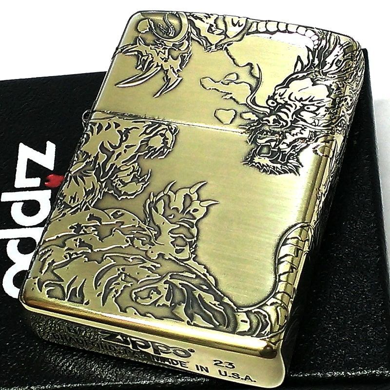 ZIPPO 五面龍虎 御守り ジッポ ライター 5面加工 エッチング 彫刻 ブラス お守り かっこいい 和柄 竜 おしゃれ 渋い アンティークゴールド  メンズ プレゼント ギフト