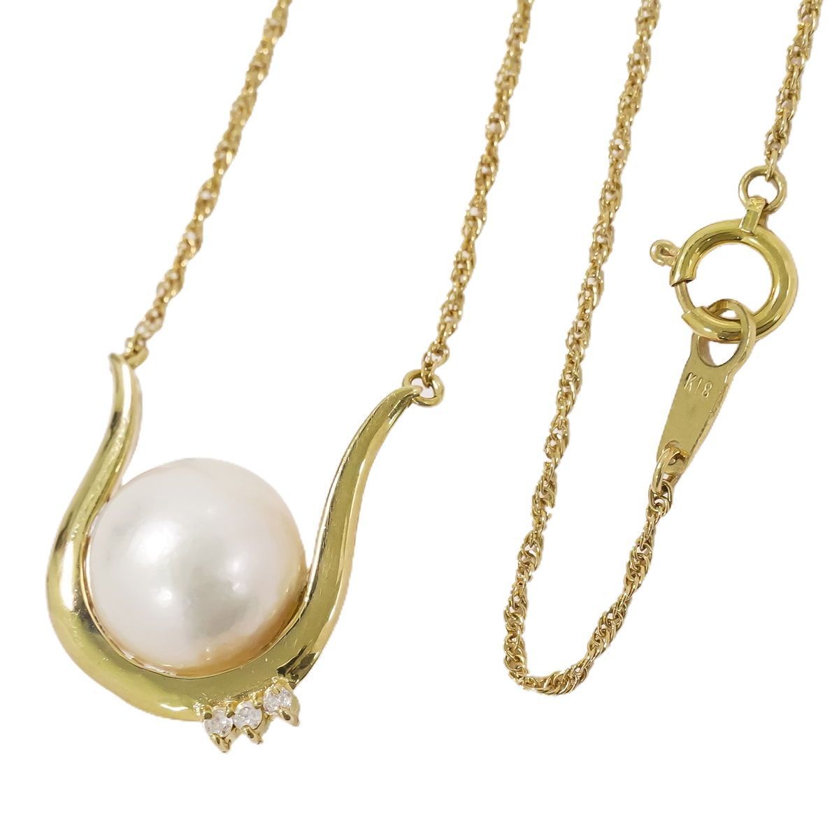 本物 パール 10.4mm ダイヤモンド 0.03ct 750 K18 YG ネックレス  