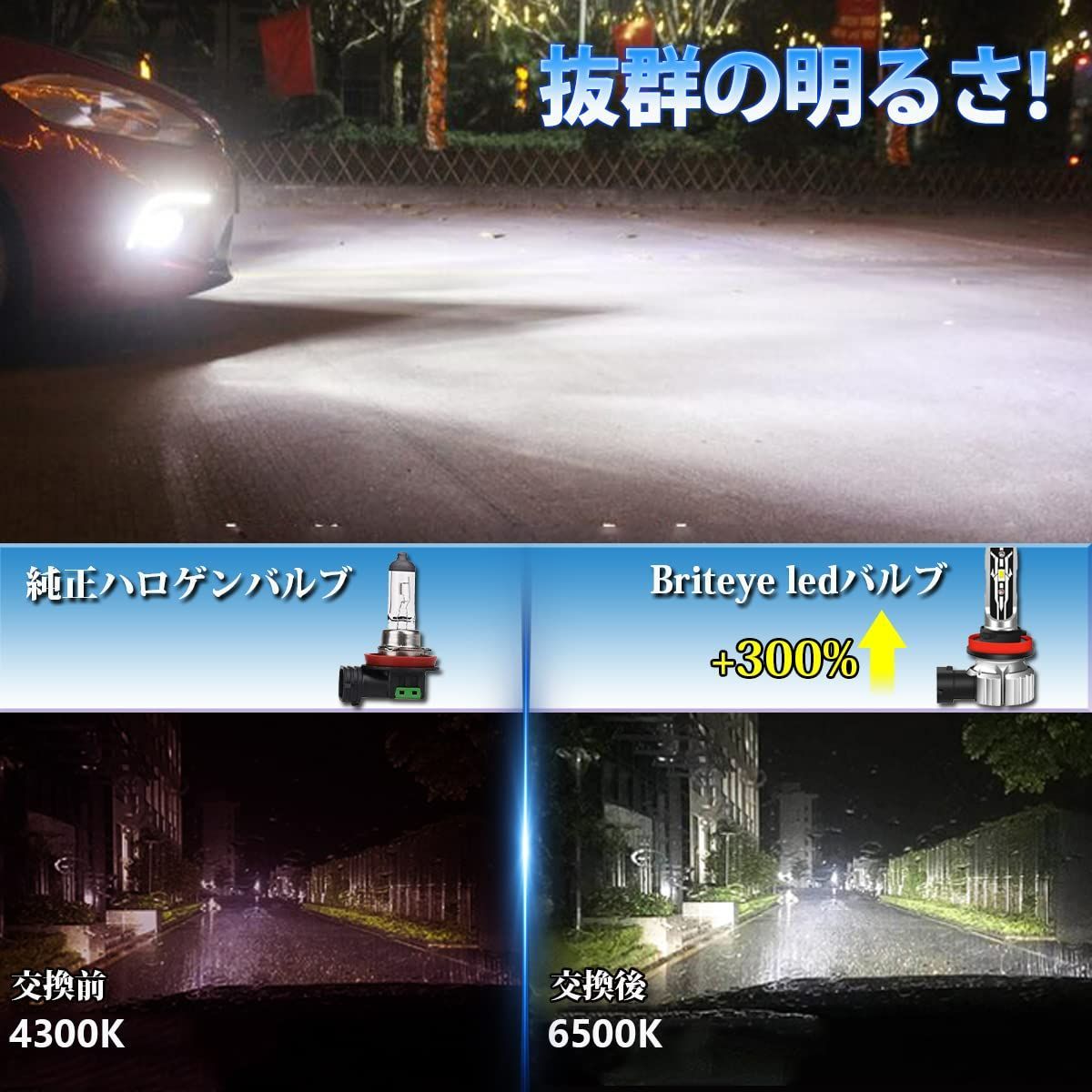 【人気商品】Briteye 車用 LED フォグランプ H8 H11 LEDバルブ 新車検対応 ハロゲンサイズ型 6500K ホワイト  CSPチップ搭載 H9 H16 バルブ 兼用 12V車用 LEDヘッドライト兼用 ファンレス ノイズ対策 2個入 - メルカリShops