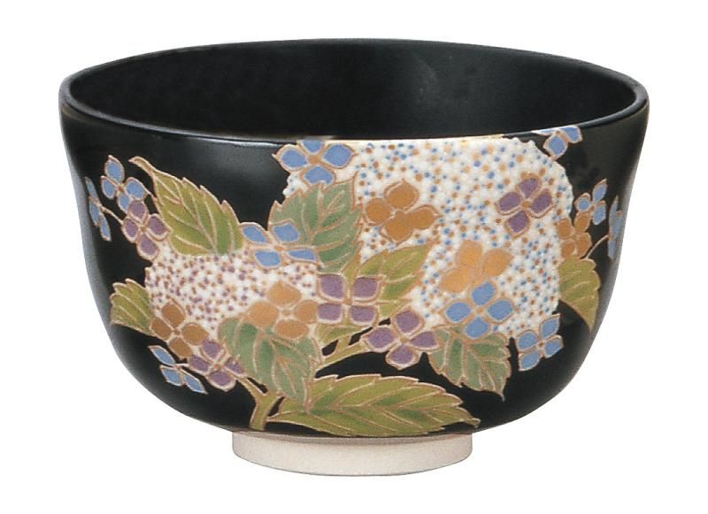 宮地英香 Miyachi Eikou 抹茶碗 黒 サイズ-直径12.4x高さ7.8cm 黒仁清 紫陽花 化粧箱入