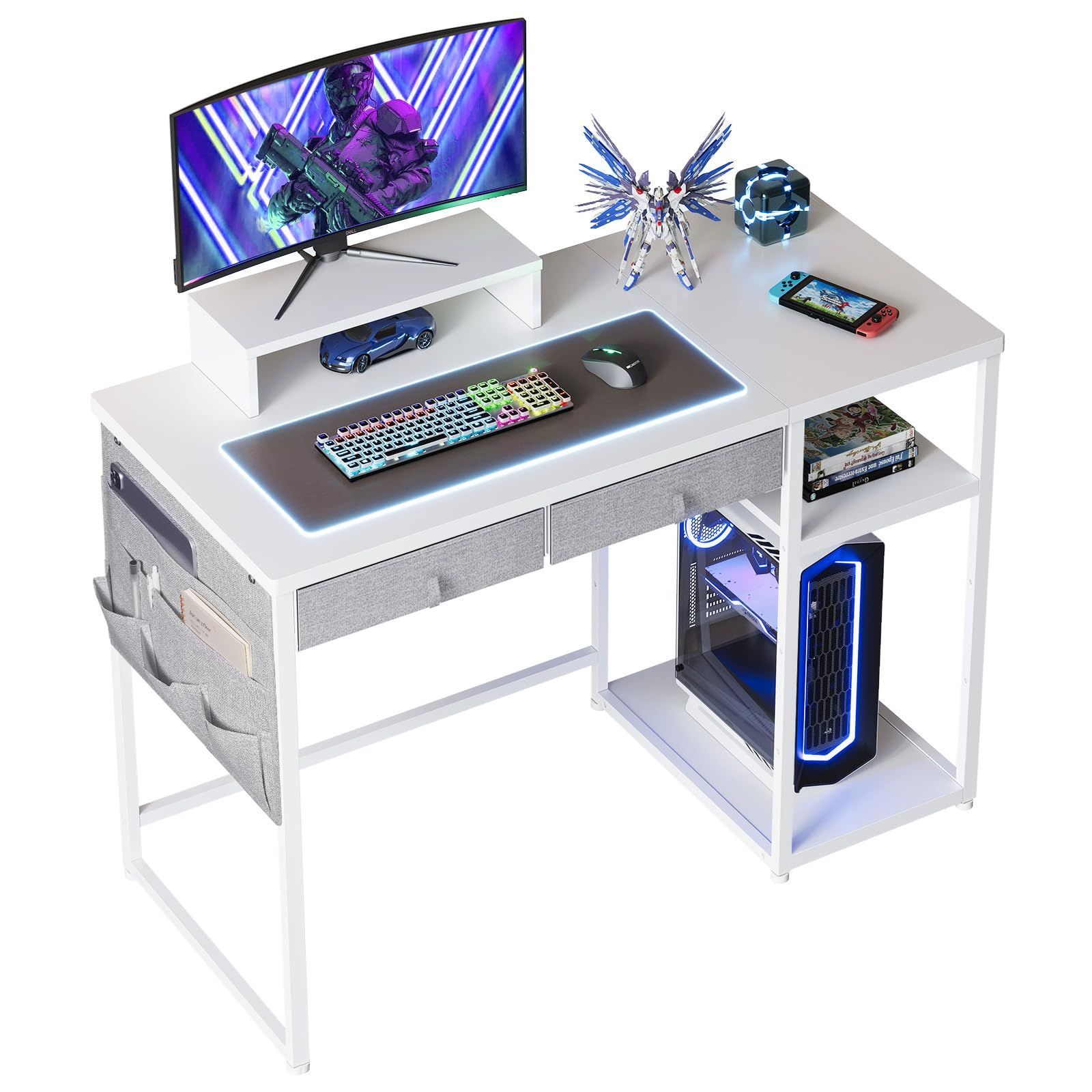 在庫 ゲーミングデスク パソコンデスク 机 pcデスク 勉強机 学習デスク 子 Maihail gaming desk ゲーミングでデスク ゲームデスク オフィスデスク desk 引き出し2杯付き 3段階モニター台付き シェルフ幅100cm×