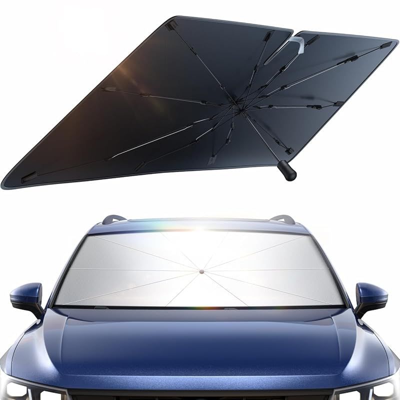 【業界初！革新的なシリコン傘柄カバー搭載】 車用サンシェード - 傘型 折りたたみ式 | 遮光・遮熱・UVカット・紫外線遮蔽 | 強化10本骨＆内装を傷つけない設計 | 簡単取付＆収納バッグ付き 