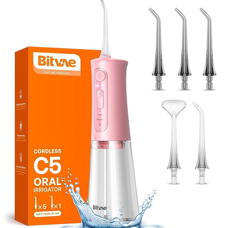 Bitvae 口腔洗浄器 ジェットウォッシャー3つのモード＆5段階の強度 口腔浄機器 USB 充電式 ウォーターフロス の5個替えノズル IPX7防水 歯間ケア PINK 1