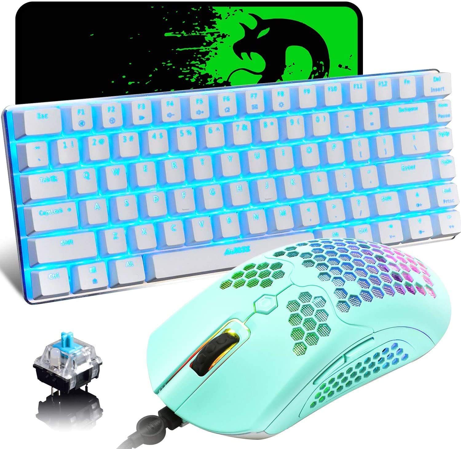 『人気商品』メカニカルゲーミングキーボードマウス、3 in 1セット、LEDバックライト付き有線 RGB 12000DPI軽量ゲーミングマウス（ハニカムシェルデザイン）、PCゲーム用の大型マウスパッド (