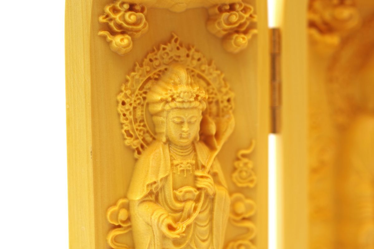三開仏 木彫仏像 彫刻 ツゲ 柘植 高さ10cm (阿弥陀三尊