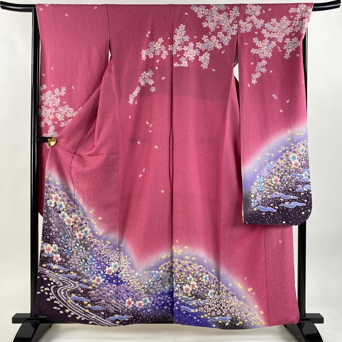 振袖 身丈160cm 裄丈66cm M 袷 落款 桜 流水 銀通し 絞り ピンク 正絹