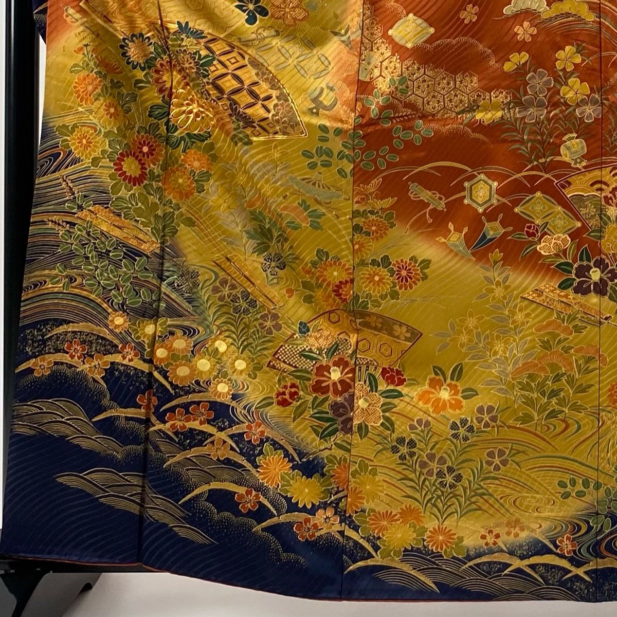 振袖 身丈163cm 裄丈65.5cm M 袷 扇面 草花 金糸 金彩 赤茶 正絹 秀品