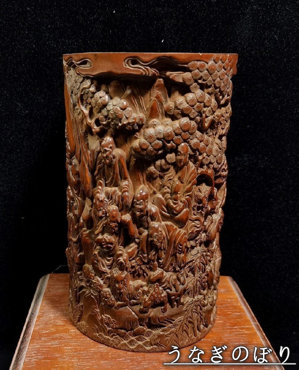 美品・未使用新品】 ペン立て 筆筒 筆立 筆桶 手 黄楊木彫刻