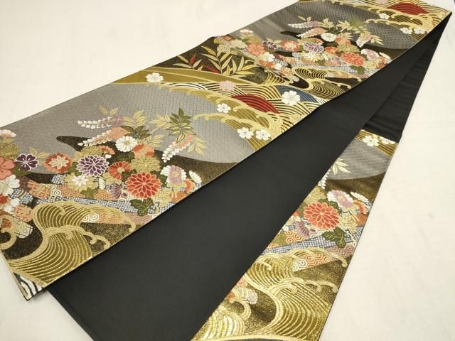 美品 袋帯 夏帯 夏 絽 アイボリー 葉文 観世水 金糸 銀糸長さ