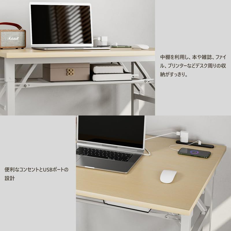 テレワーク 在宅勤務 組立簡単 ワーク 簡易デスク 折り畳みテーブル 省スペース ミシン台 ゲーミングデスク パソコンデスク USB＆コンセント付き 80 60 72CM 組み立て不要 大理石柄 イエローオーク 折りたたみデスク FryLR MARWIL-DEMENAGEMENTS_CH