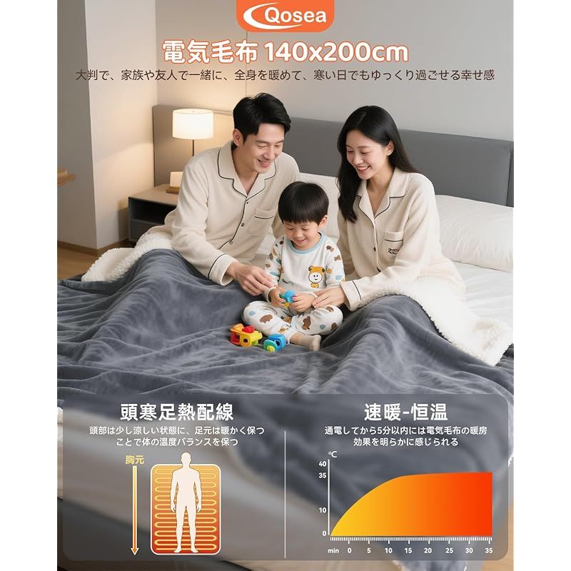 電気毛布 敷き 掛け 電気膝掛け 電気ブランケット 200×140cm大きめ-掛け敷き兼用 ダブルサイズ 大きい 厚手 暖かい 洗える 省エネ 節電 速暖 10段階温度調節 9段階タイマー 操作簡単 両面ふわふわ 保温性 切り忘れ防止 ダニ退治 防臭抗 0