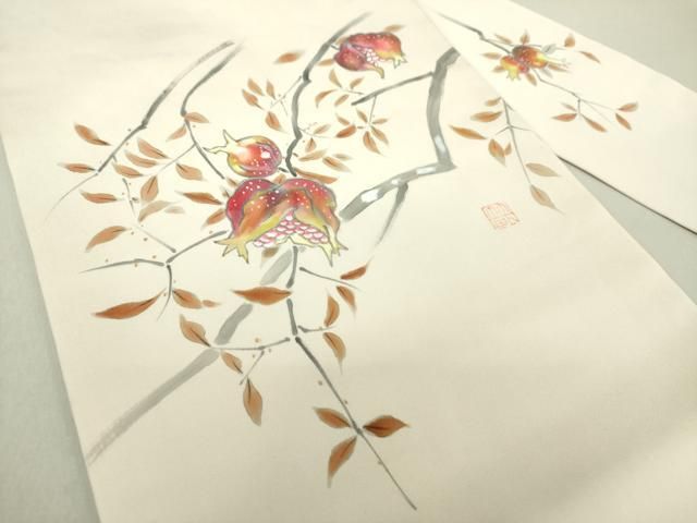 平和屋着物●塩瀬　九寸名古屋帯　作家物　手描き　成り物　ザクロ　柘榴　正絹　逸品　DAAU5373ps 平和屋着物○塩瀬 九寸名古屋帯 作家物 手描き 成り物 ザクロ 柘榴