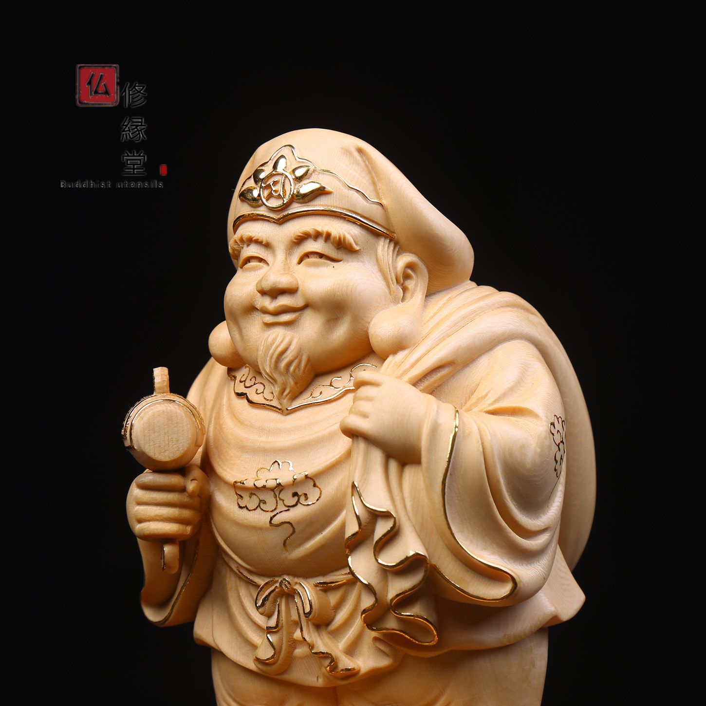 修縁堂】新作 木彫り 仏像 福神大黒天立像 財神 檜材 仏教工芸 彫刻