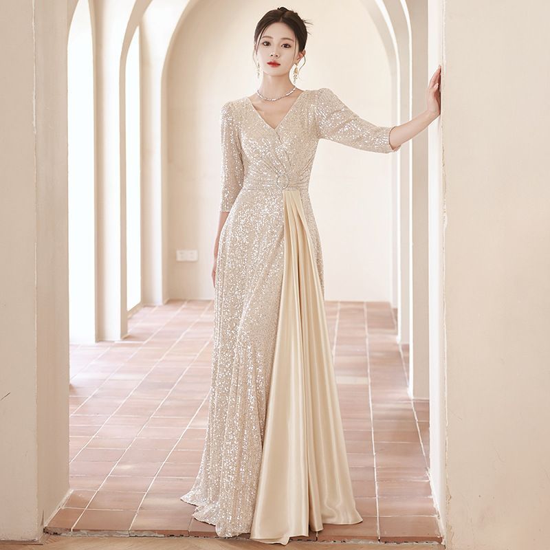 ドレス Vネック レディース ロングドレス 演奏会 演奏会用ドレス 袖付き ワンピース 結婚式 大人 ピアノ 発表会 ロング丈 パーティードレス フォーマルドレス 演奏会ドレス 成人式 同窓会 謝恩会 キラキラ