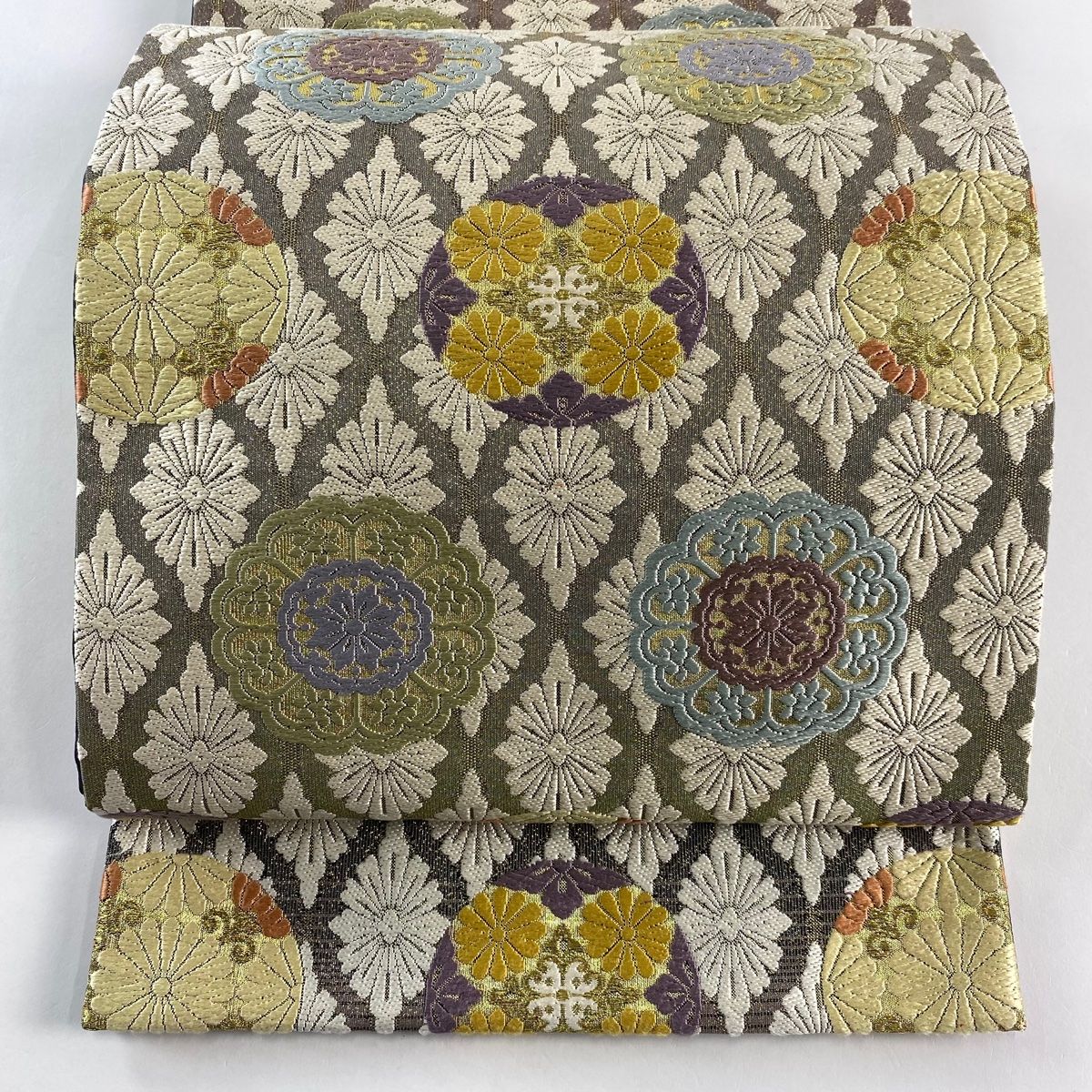 袋帯 華文 金糸 唐織 灰色 六通 正絹