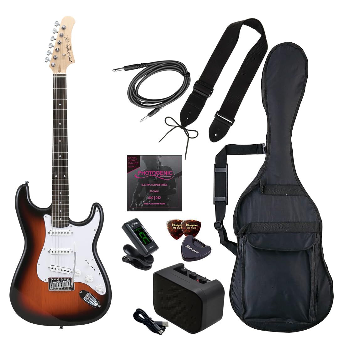 PhotoGenic エレキギター 入門ライトセット STタイプ ST-180 SB サンバースト ソフトケース シールド ミニアンプ チューナー ストラップ ピック ピックケース 弦 調整用レンチ付属