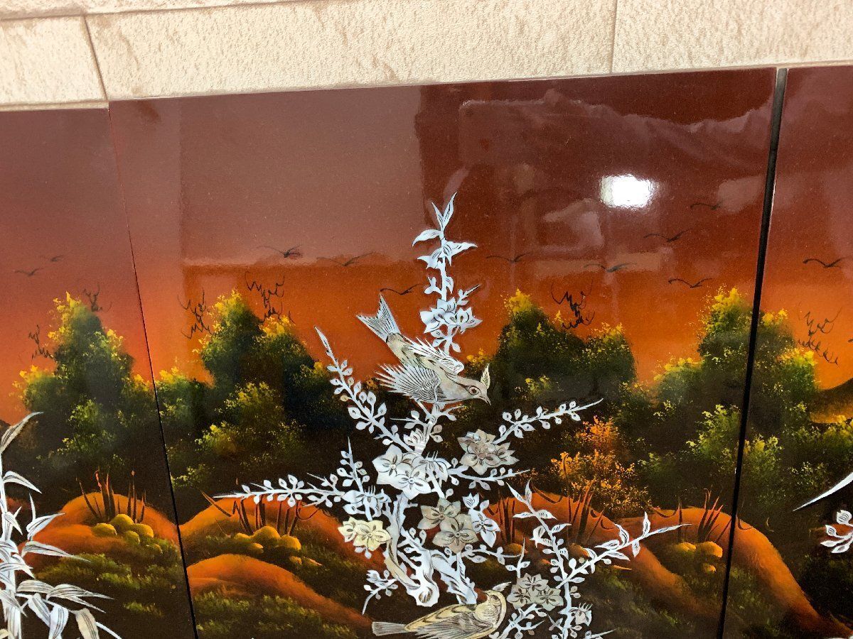 送料無料、２０１４新作！  壁掛けパネルアート ４枚組 螺鈿細工 竹 花 鳥 蝶 山水風 壁飾り アジアンインテリア 装飾品 畑1111