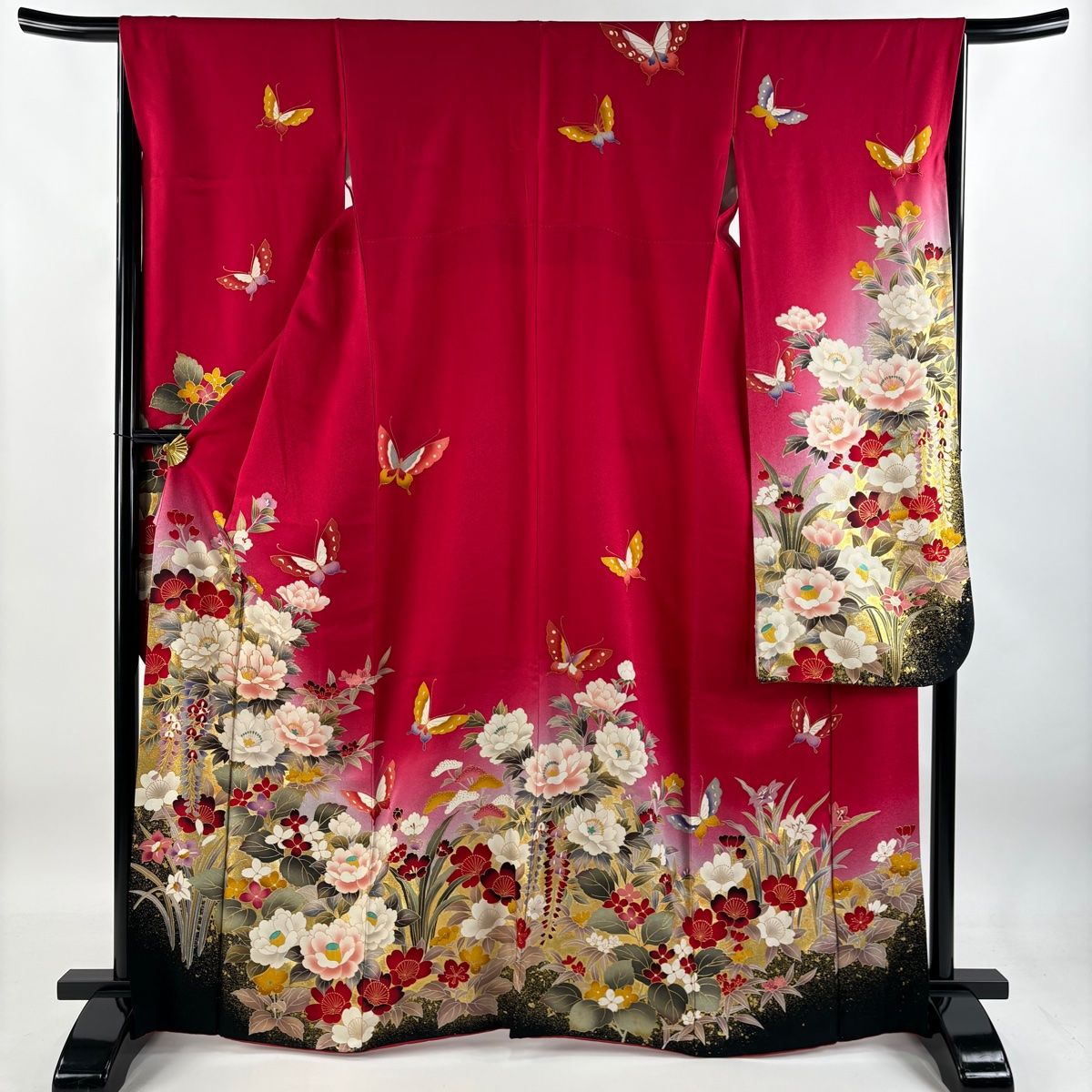 振袖 身丈166.5cm 裄丈66cm M 袷 牡丹 蝶 金糸 金彩 赤 正絹 秀品