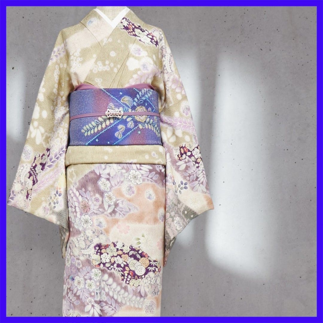 お値打ち品 三日月とうさぎ a0806 裄長サイズ 正絹 辻が花訪問着紋 意匠縮緬地 入園 入学 七五三