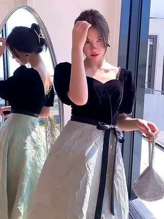 ベロア イブニングドレス ミドル丈 ボタニカル刺繍 韓国 韓国 イブニングドレス ミドル丈 ベロア ボタニカル刺繍【0913
