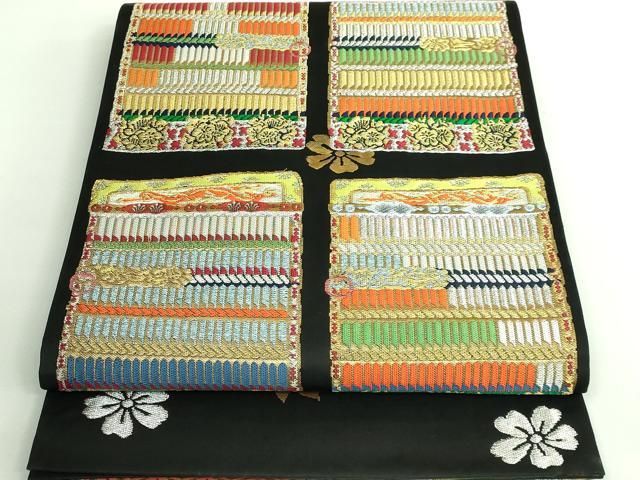 平和屋本店□極上 龍村晋謹製 太鼓柄袋帯 如源綾縅文錦 黒地 金銀糸 た