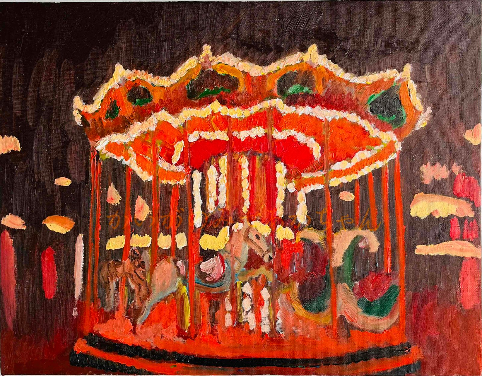 激安通販。 32×41㎝ 夜のメリーゴーランド F6 原画 油彩画