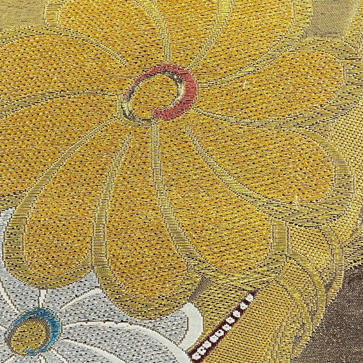 袋帯 秀品 振り袖向き 珠金錦 菊 花唐草 金糸 箔 金色 六通 正絹