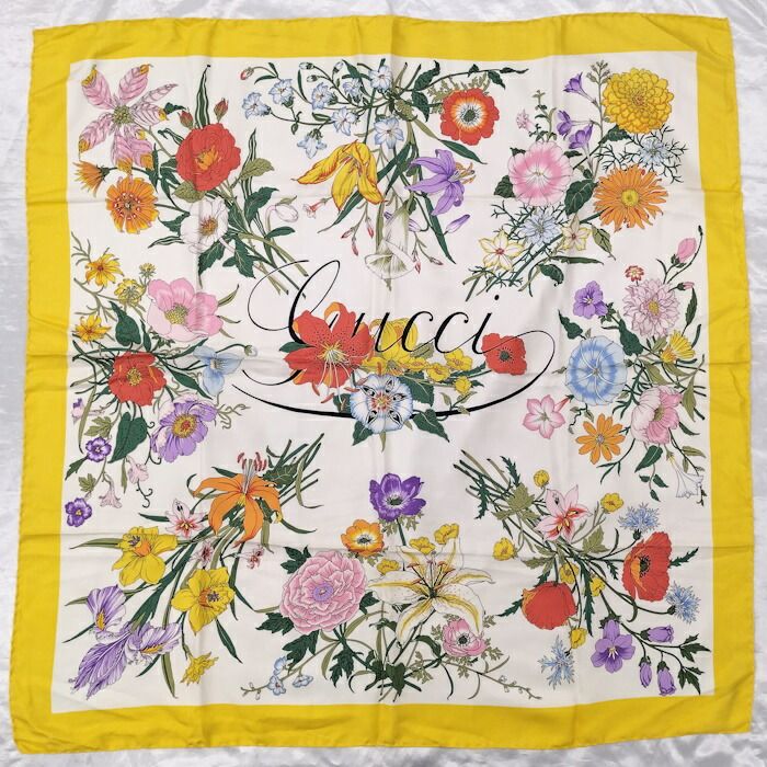 ★極美品★GUCCI花柄ブラック＆イエローシルクスカーフ グッチ GUCCI シルク スカーフ フローラ フラワー 花柄 総柄