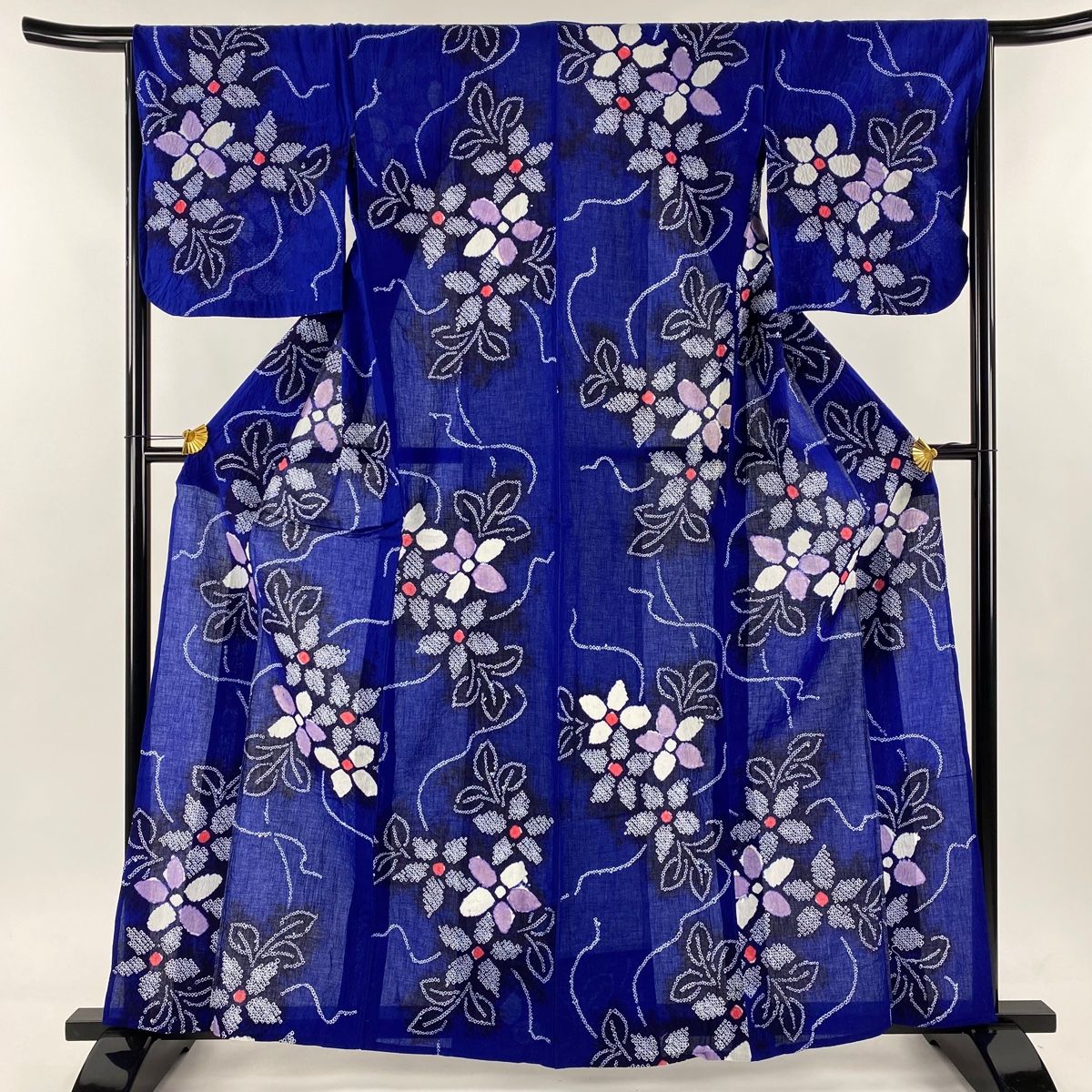 浴衣 身丈162cm 裄丈66cm 絞り浴衣 草花 絞り 青 綿 名品