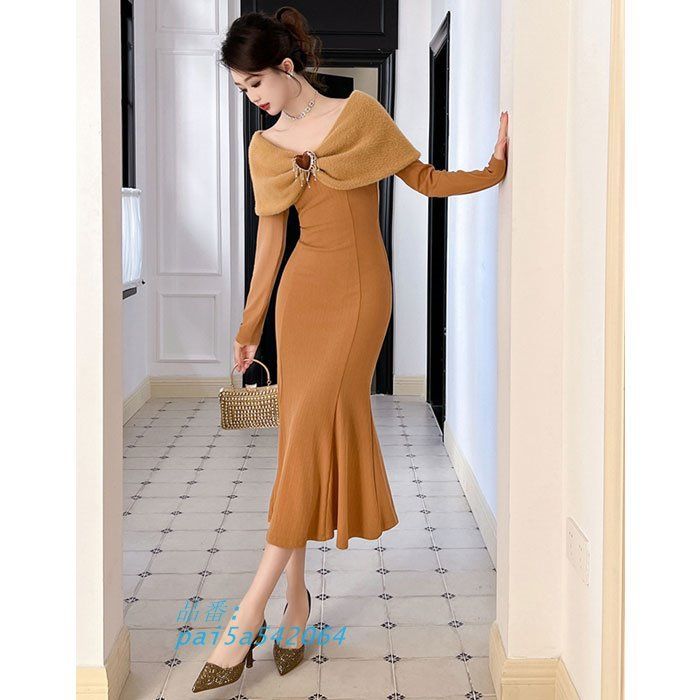 肩出し重ね着風 ハートブローチ 長袖タイトロングドレスワンピース カーキ パーティー キャバ スナック レディース 韓国 服 pai5a542064